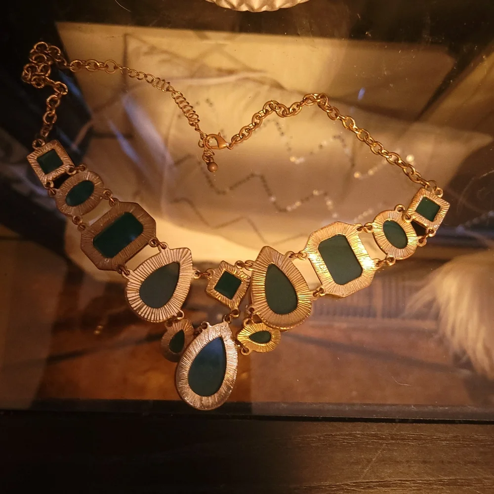 Cookie Lee Green and Gold Statement Necklace - Picture 3 of 4